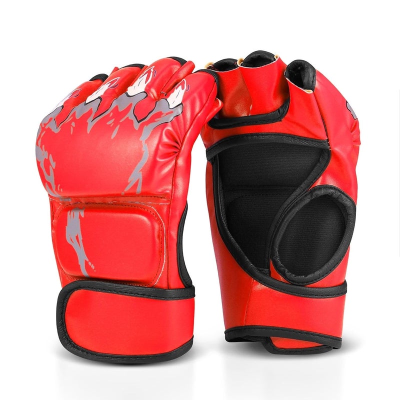 Flexzion Fingerless Boxing Gloves for MMA Kickboxing Karate Taekwondo - Adult Punching Gloves, Red - Image 1